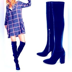 Zara Blue Velvet Over-the-knee Boots with Chunky Heels